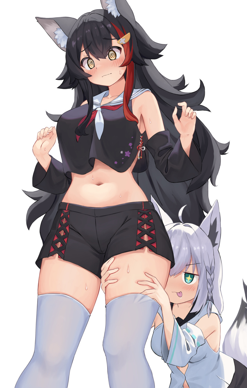 +_+ 2girls :p absurdres ahoge animal_ear_fluff animal_ears black_hair black_shirt black_shorts blush braid breasts cowboy_shot cropped_shirt detached_sleeves fox_ears fox_girl hair_ornament highres hololive kajitsu_no_hito long_hair midriff multicolored_hair multiple_girls navel neckerchief ookami_mio ookami_mio_(another_ookami_mio) red_hair sailor shirakami_fubuki shirakami_fubuki_(1st_costume) shirt shorts single_braid streaked_hair sweat thigh_grab thighhighs thighs tongue tongue_out white_hair white_thighhighs wolf_ears wolf_girl