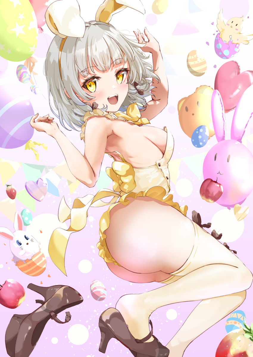 absurdres animal_ears apple ass balloon bare_back bird breasts chick easter egg female food fruit grey_hair heart_balloon high_heels highres medium_breasts momiji_akiba open_mouth production_kawaii rabbit rabbit_balloon rabbit_ears shee_icho strawberry thighhighs unworn_shoe virtual_youtuber yellow_eyes yellow_thighhighs