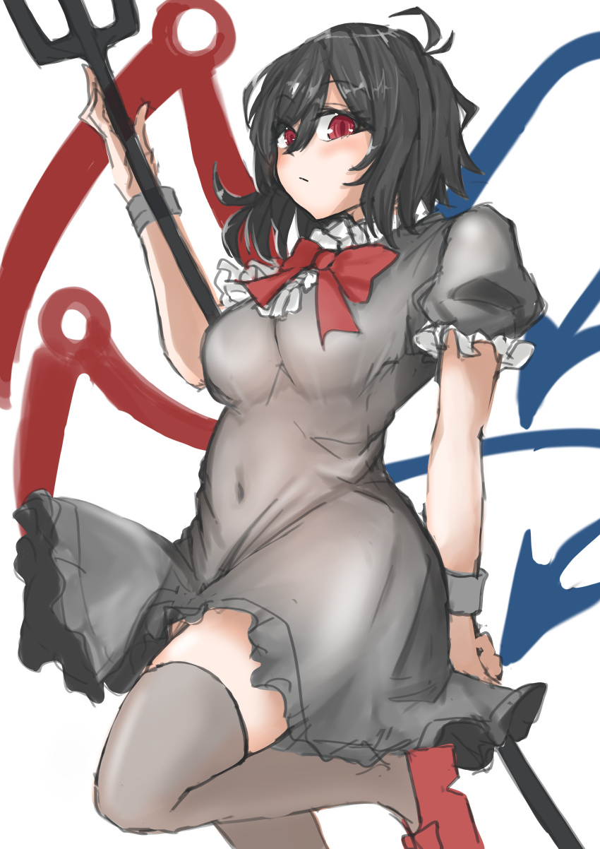 absurdres asymmetrical_wings black_dress black_hair black_thighhighs blue_wings bow bowtie center_frills dress female frills highres houjuu_nue kuraki polearm red_bow red_bowtie red_eyes red_wings simple_background solo thighhighs touhou trident undefined_fantastic_object weapon white_background wings