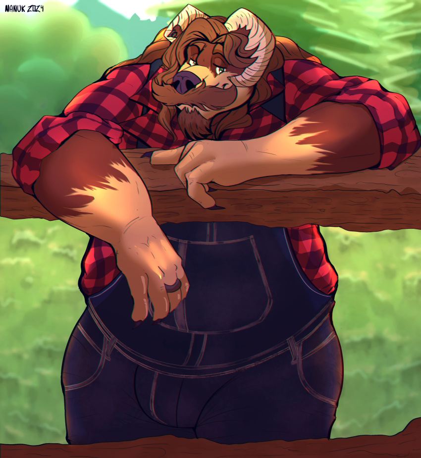 absurd_res anthro bear bernardo_dangelo brown_body brown_fur brown_hair claws clothed clothing countryside cowboy facial_hair farmer fence fur green_eyes hair hi_res horn male mammal manly moustache nanuk_(artist) overweight overweight_male solo