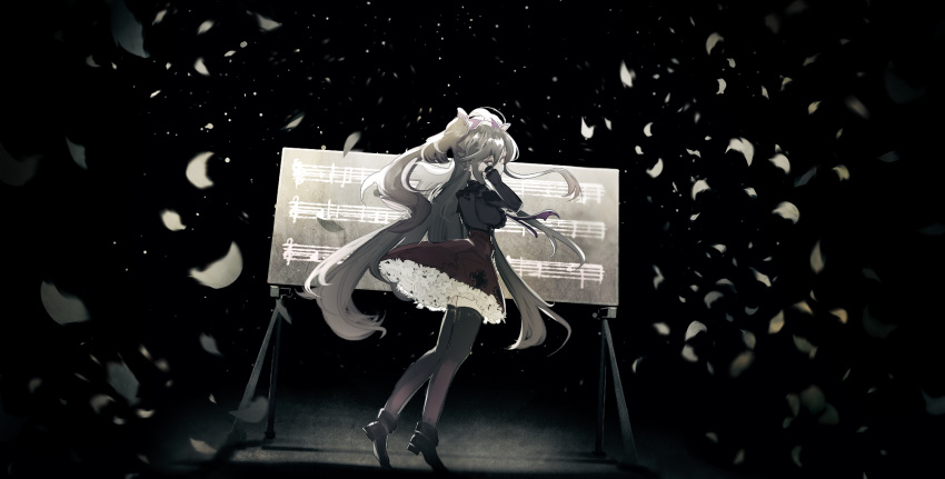 black_footwear black_thighhighs bow cape commentary_request cross_print female floating_hair frilled_skirt frills full_body hairbow hand_on_own_cheek hand_on_own_face hand_on_own_head highres kuusou_code_plus long_hair looking_at_viewer looking_back musical_note muted_color petals red_eyes sheet_music shoes skirt solo standing thighhighs tiptoes very_long_hair virtual_youtuber yoruno_tobari yoshioka_yoshiko