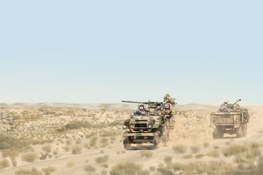 6+girls ak-47_(girls'_frontline) assault_rifle beret blonde_hair blue_eyes blue_hair blue_sky breasts browning_m2 bullpup camouflage camouflaged_object cleavage closed_eyes commentary convoy desert driving dshk dust english_commentary eyewear_on_head famas famas_(girls'_frontline) gaz-66 girls'_frontline grass green_headwear green_tank_top ground_vehicle guitar gun hair_ribbon hat heavy_machine_gun highres holding holding_instrument holding_map holding_weapon instrument jacket jeep jerry_can kord_(girls'_frontline) landscape large_breasts long_hair m2hb_(girls'_frontline) machine_gun map map_(object) medium_hair micro_uzi_(girls'_frontline) military military_hat military_jacket military_truck military_uniform military_vehicle motor_vehicle multiple_girls music off_shoulder open_mouth outdoors playing_instrument red_headwear red_ribbon ribbon rifle road sand shirt short_twintails sky sleeveless sleeveless_shirt smile submachine_gun sunglasses svd_(girls'_frontline) tank_top technical teeth the_sourkraut top_hat toyota_land_cruiser truck twintails uniform uzi weapon white_hair white_headwear white_shirt yellow_shirt