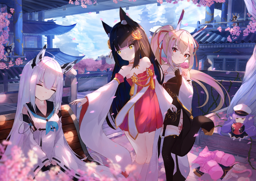 6+girls :3 :d ^_^ animal_ears apple architecture arm_up armpits ayanami_(azur_lane) ayanami_(lunar_demon)_(azur_lane) azur_lane bare_shoulders black_gloves black_hair black_thighhighs blonde_hair blurry bow building carrying cat_ears cat_tail cherry_blossoms closed_eyes cloud cloudy_sky collarbone commentary depth_of_field detached_sleeves double_bun dress drill_hair east_asian_architecture fingerless_gloves food fox_ears fruit gloves hair_bun hair_ornament hair_ribbon hairbow hairclip hat headgear highres jewelry kawakaze_(azur_lane) lime_(azur_lane) meowfficer_(azur_lane) multiple_girls nagato_(azur_lane) naycot necklace ning_hai_(azur_lane) ning_hai_(moon_palace_rabbit)_(azur_lane) official_alternate_costume open_mouth outdoors peaked_cap petals ping_hai_(azur_lane) ping_hai_(osmanthus_moon_rabbit)_(azur_lane) pink_hair pound_(azur_lane) purple_hair rabbit_ears red_dress red_eyes retrofit_(azur_lane) ribbon ribbon-trimmed_sleeves ribbon_trim school_uniform serafuku shade sitting size_difference sky skyscraper sleeping smile strapless strapless_dress tail thighhighs twin_drills waving white_hair wide_sleeves wind yellow_eyes zettai_ryouiki