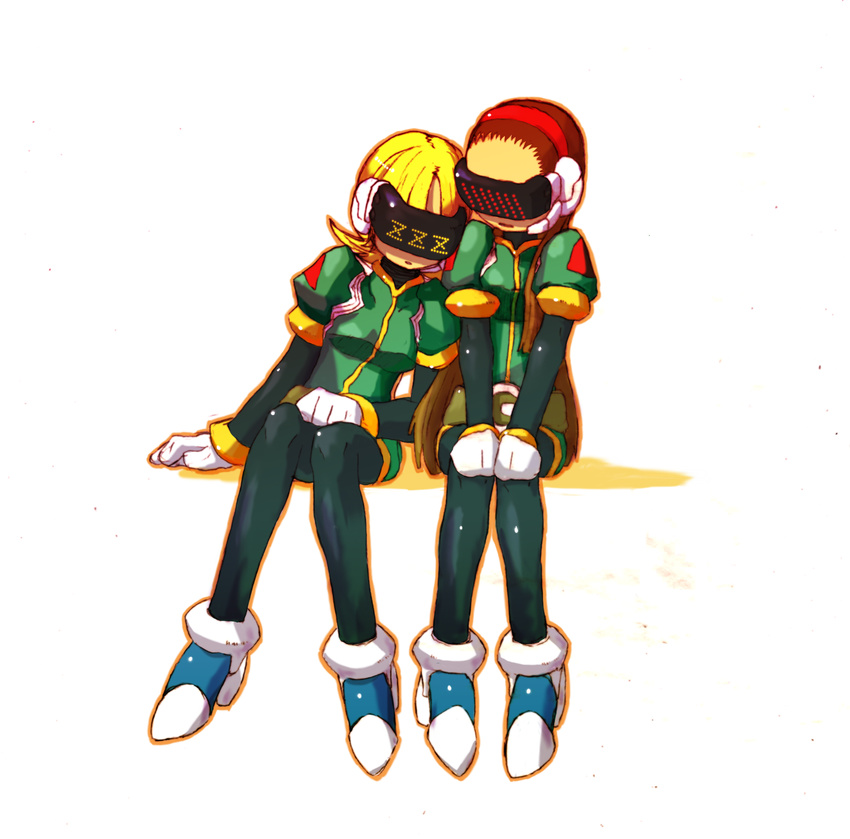 2girls absurdres arm_at_side belt blonde_hair blush breasts brown_hair commentary_request forehead full_body gloves green_jacket green_legwear hairband hand_on_lap highres hoketsu jacket joan_(mega_man) leaning_to_the_side long_hair medium_breasts medium_hair mega_man_(series) mega_man_zero_(series) multiple_girls orange_outline outline pantyhose parted_lips photoshop_(medium) puffy_short_sleeves puffy_sleeves rouge_(mega_man) short_hair short_sleeves simple_background sitting sleeping sleeping_upright uniform visor white_background white_footwear white_gloves yuri zzz