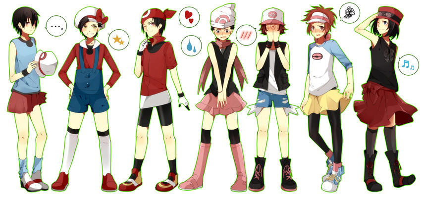 ... 6+boys bad_id bad_pixiv_id beamed_sixteenth_notes bike_shorts black_hair black_pantyhose black_socks blue_eyes boots brendan_(pokemon) brown_hair calem_(pokemon) commentary_request cosplay covering_face crossdressing dawn_(pokemon) dawn_(pokemon)_(cosplay) ethan_(pokemon) full_body green_(pokemon) green_(pokemon)_(cosplay) hat heart highres hilbert_(pokemon) hilda_(pokemon) hilda_(pokemon)_(cosplay) kneehighs lucas_(pokemon) lyra_(pokemon) lyra_(pokemon)_(cosplay) male_focus may_(pokemon) may_(pokemon)_(cosplay) multiple_boys musical_note nate_(pokemon) overalls pantyhose pink_footwear pokemon pokemon_bw pokemon_bw2 pokemon_dppt pokemon_gsc pokemon_hgss pokemon_rgby pokemon_rse pokemon_xy purple_eyes red_(pokemon) red_eyes rento_(ayato) rosa_(pokemon) rosa_(pokemon)_(cosplay) scarf serena_(pokemon) serena_(pokemon)_(cosplay) simple_background skirt socks speech_bubble spoken_blush spoken_expression spoken_heart spoken_musical_note spoken_squiggle spoken_star squiggle standing star_(symbol) visor_cap white_background white_legwear