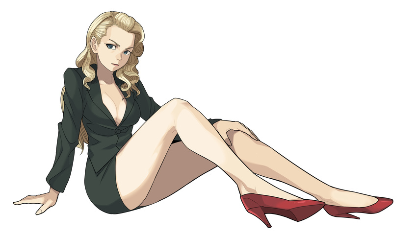 arm_support baka_guruo bare_legs becchi_(runark) blonde_hair blue_eyes breasts cleavage commentary_request curly_hair female formal frown full_body high_heels highres large_breasts legs long_hair looking_at_viewer miniskirt no_bra pencil_skirt red_footwear runark shoes sitting skirt skirt_suit solo suit transparent_background