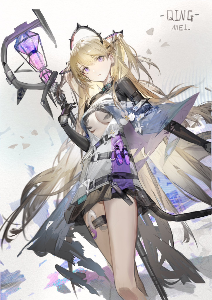 arknights belt blonde_hair clothing_cutout female from_below gloves highres holding holding_staff indigo_(arknights) indigo_(serene_day)_(arknights) infection_monitor_(arknights) long_hair looking_up plumw purple_eyes sideways_glance skin_tight skirt solo staff test_tube tight_clothes torn_clothes underboob_cutout very_long_hair