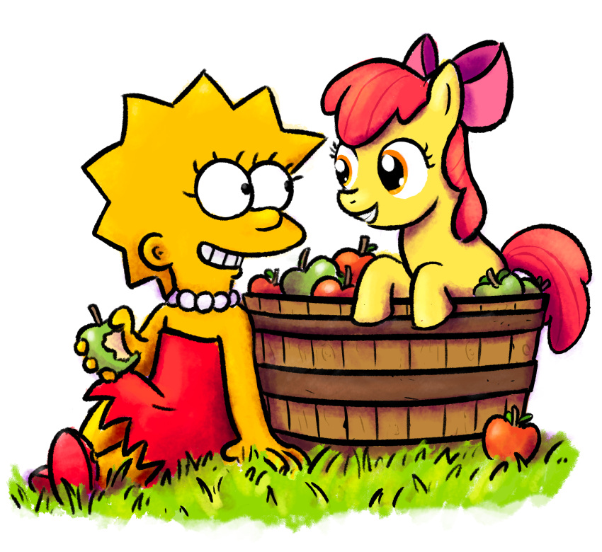 apple apple_bloom_(mlp) crossover duo equid equine female female/female food friendship_is_magic fruit grass green_apple happy hasbro hi_res horse human larrychan_(artist) lisa_simpson mammal my_little_pony on_ground pink_bow plant pony red_apple simple_background smile the_simpsons white_background yellow_body yellow_skin