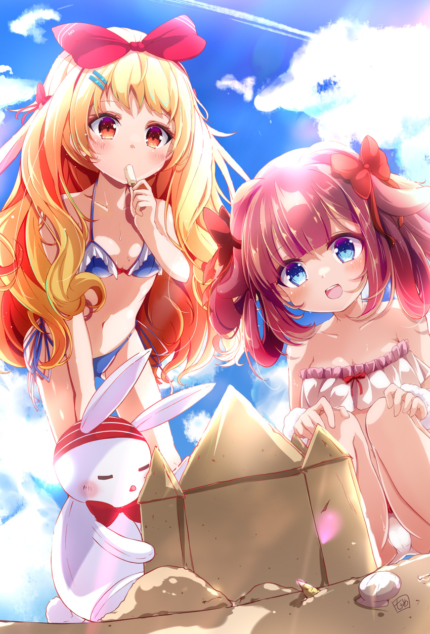 2girls :d absurdres alternate_costume anchor_symbol animal_ears azur_lane bikini blue_bikini blue_eyes bow bowtie building cloud commentary_request commission eating food fur_wrist_cuffs hair_ornament hair_ribbon hairpin hand_on_own_knee hand_on_own_thigh happy highres ice_cream jenkins_(azur_lane) kiyonami_(azur_lane) long_hair multiple_girls nanaume_(shichimi_tougarashi) open_mouth outdoors purple_hair rabbit rabbit_ears red_bow red_bowtie red_eyes red_ribbon ribbon sand sand_castle sand_sculpture shell skeb_commission sky smile squatting standing stuffed_animal stuffed_rabbit stuffed_toy summer swimsuit wavy_hair white_bikini