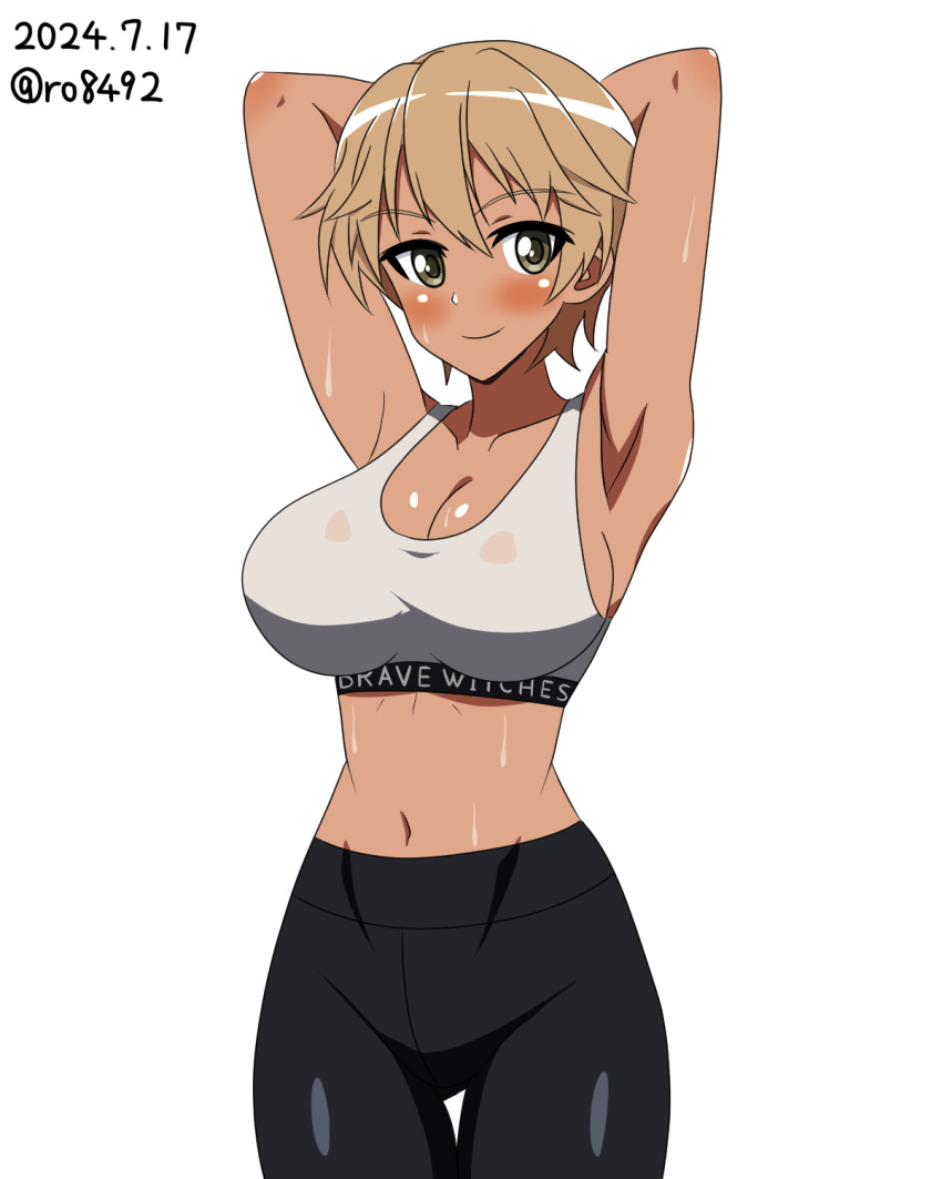 armpits arms_behind_back black_pants blonde_hair blush brave_witches breasts brown_eyes cleavage closed_mouth collarbone dated female gym_pants highres large_breasts looking_at_viewer midriff navel pants ryohei-0617 short_hair simple_background smile solo sports_bra waltrud_krupinski white_background white_sports_bra world_witches_series