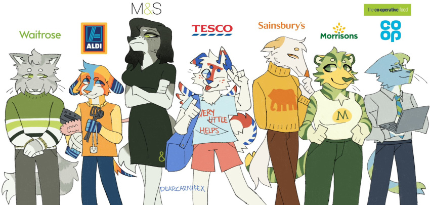 aldi_(supermarket) anthro biped blue_bottomwear blue_clothing blue_eyes blue_pants blue_shirt blue_shorts blue_topwear bottomwear breasts brown_bottomwear brown_clothing brown_pants canid canine canis carrying_bag cheek_tuft clothed clothing co-op_food countershade_face countershade_fur countershading crossed_arms dearcarnifex domestic_cat domestic_dog dress dress_shirt english_text eyebrows eyewear facial_tuft felid feline felis female freckles fully_clothed fur gesture glasses green_body green_bottomwear green_clothing green_dress green_eyes green_fur green_pants green_stripes green_sweater green_topwear grey_body grey_bottomwear grey_clothing grey_fur grey_hair grey_pants group hair hand_gesture hi_res holding_laptop holding_object holding_spatula holding_tool hunting_dog logo long_sleeves male mammal markings marks_&_spencer morrisons necktie one_eye_closed orange_clothing orange_shirt orange_topwear pantherine pants pattern_necktie pink_bottomwear pink_clothing pink_shorts sainsbury's shirt shorts sighthound snout spatula standing striped_body striped_fur striped_markings striped_necktie striped_tail stripes sweater tail tail_markings tesco text text_on_clothing text_on_shirt text_on_topwear tiger tongue tongue_out tools topwear tuft v_sign waitrose wearing_glasses whiskers white_body white_fur wings yellow_clothing yellow_sweater yellow_topwear