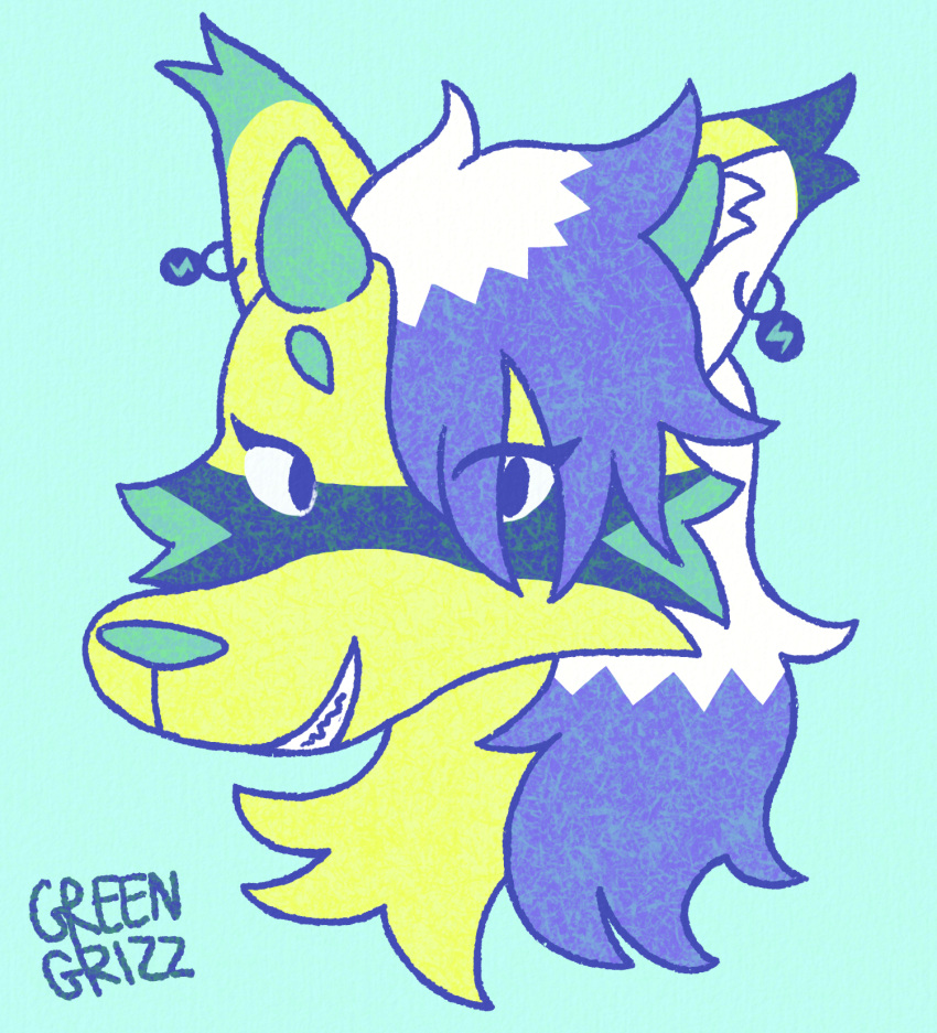 2024 2_horns anthro artist_name bangs black_eyes blue_background blue_hair canid canine cheek_tuft digital_drawing_(artwork) digital_media_(artwork) ear_piercing ear_ring ear_tuft eye_through_hair eyebrows eyelashes facial_markings facial_tuft fangs female flat_colors fox fur green_eyebrows green_horn green_inner_ear green_nose greengrizz hair head_markings hi_res horn icon looking_at_viewer mammal markings medium_hair multicolored_body multicolored_fur multicolored_hair neck_tuft piercing ring_piercing short_horn simple_background small_horn smile smiling_at_viewer snout solo teeth toothy_grin translucent translucent_hair tuft white_hair yellow_body yellow_fur