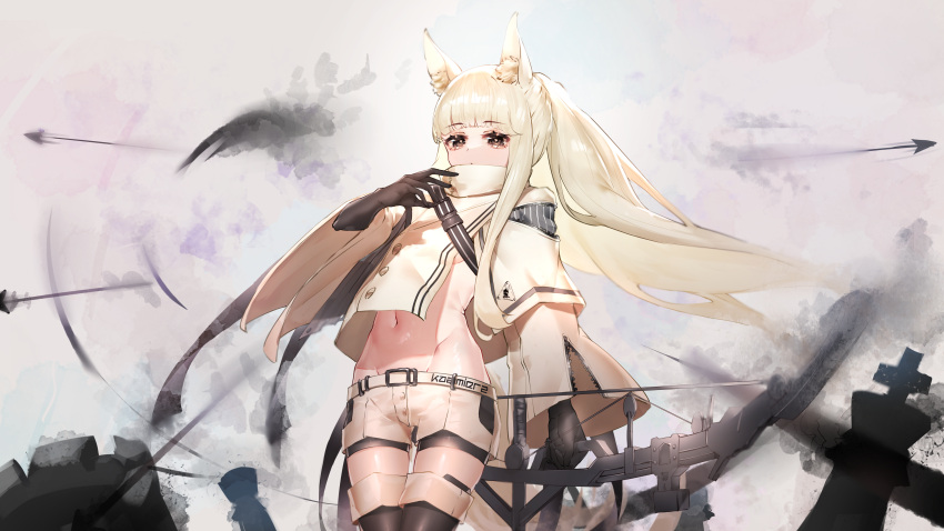 absurdres animal_ear_fluff animal_ears arknights arrow_(projectile) bike_shorts bike_shorts_under_shorts black_gloves boots bow_(weapon) chess_piece compound_bow gloves highres holding holding_bow_(weapon) holding_weapon horse_ears horse_girl horse_tail jacket kingdom_of_kazimierz_logo kirigirisu1221 navel platinum_(arknights) ponytail shorts tail thigh_boots weapon white_hair white_jacket white_shorts yellow_eyes zipper