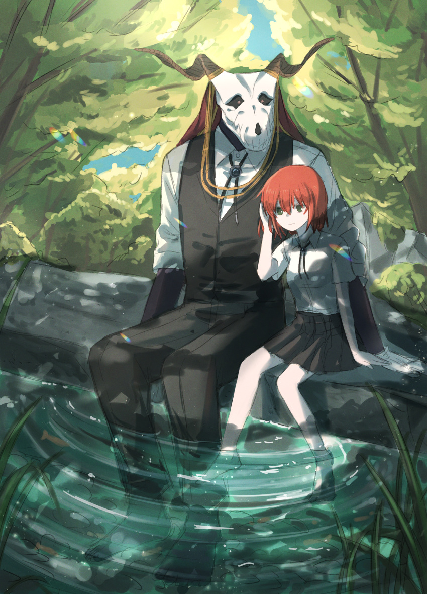 1boy animal_skull barefoot black_pants black_sclera black_skin black_skirt black_vest bolo_tie colored_sclera colored_skin delfuze elias_ainsworth female forest gloves hatori_chise highres horns interspecies mahou_tsukai_no_yome miniskirt nature outdoors pants river sitting skirt skull_head soaking_feet vest white_gloves