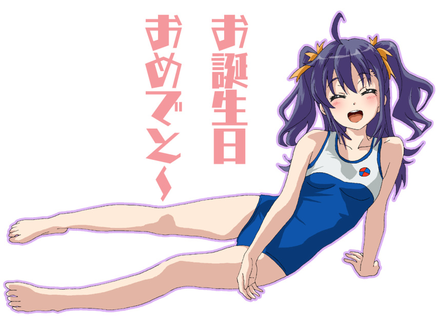 ahoge barefoot blue_hair breasts facing_viewer female hal-py happy_birthday high_school_fleet open_mouth round_teeth simple_background small_breasts smile solo suruga_runa teeth two-tone_swimsuit two_side_up upper_teeth_only white_background yokosuka_girls_marine_high_school_swimsuit