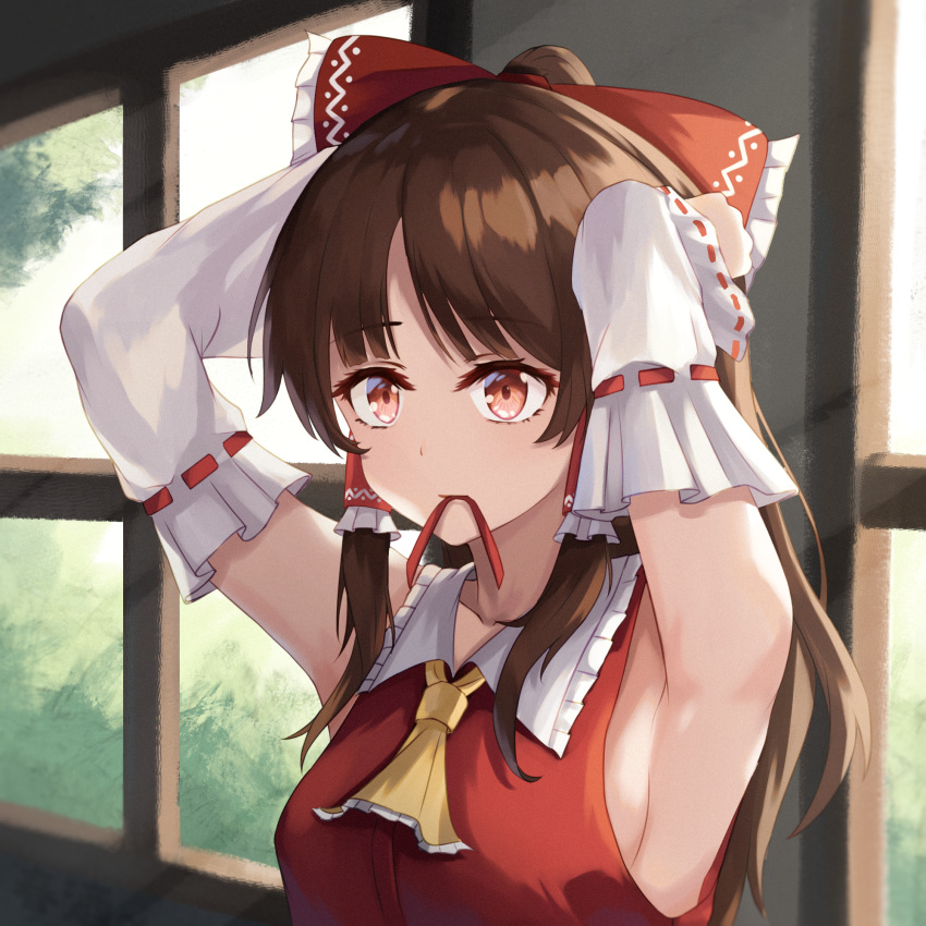 armpits ascot bow breasts brown_hair bush chunjiu collarbone detached_sleeves female frilled_bow frilled_hair_tubes frilled_shirt_collar frilled_sleeves frills green_eyes hair_intakes hair_tubes hairbow hakurei_reimu hands_in_hair highres indoors lace-trimmed_sleeves lace_trim light_rays long_hair looking_at_viewer medium_breasts mouth_hold nontraditional_miko red_bow red_ribbon red_vest ribbon ribbon_in_mouth sideboob sidelocks sunbeam sunlight touhou tying_hair upper_body vest window yellow_ascot