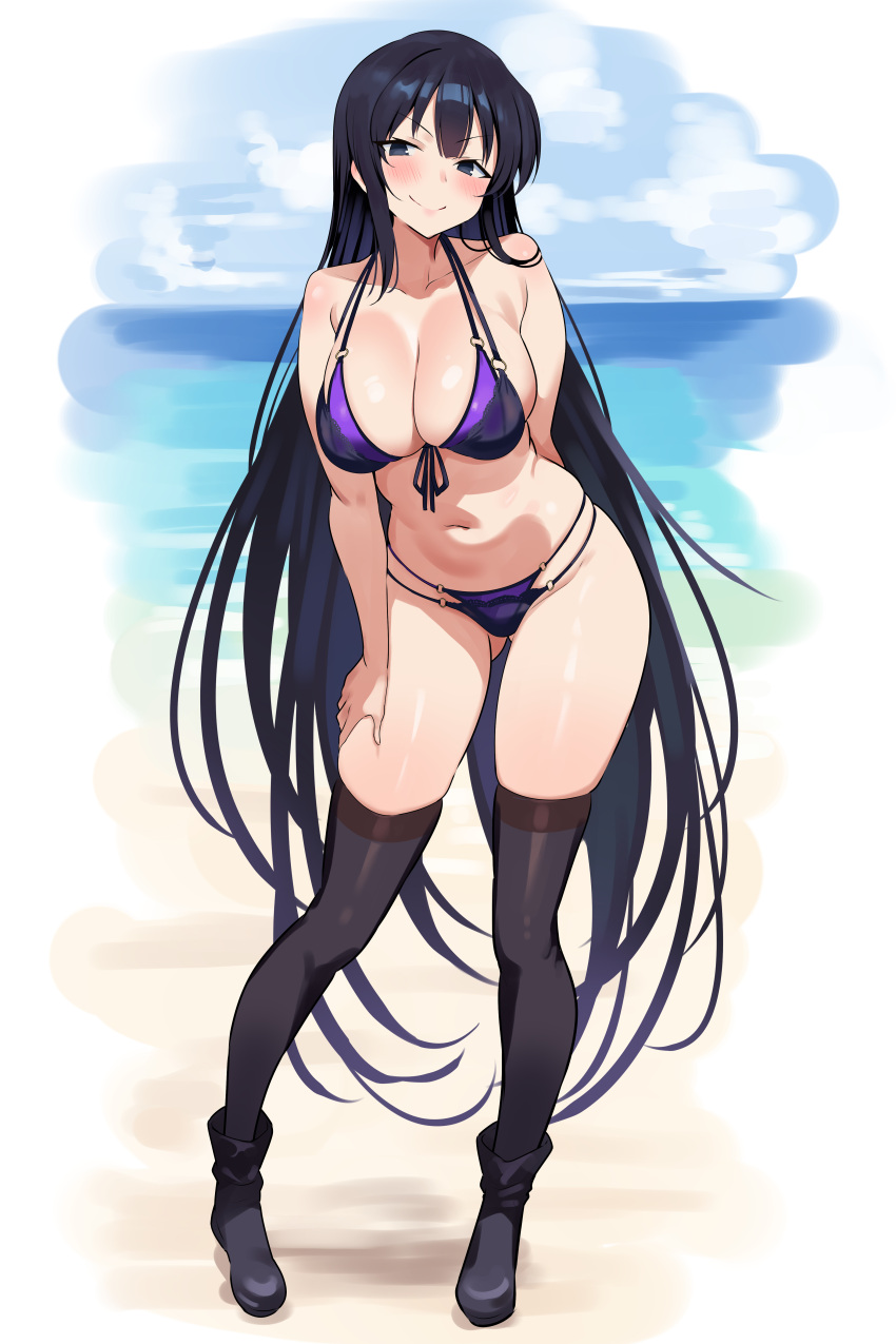 absurdres beach bikini black_eyes black_hair black_thighhighs breasts day female front-tie_bikini_top front-tie_top full_body highres ichi-jirushi kagura_(senran_kagura) large_breasts long_hair looking_at_viewer navel o-ring o-ring_bikini o-ring_bottom o-ring_top ocean outdoors purple_bikini senran_kagura smile solo standing swimsuit thighhighs very_long_hair