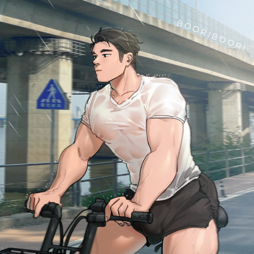 1boy bara bicycle boori_boori99 bulge covered_nipples cowboy_shot dolphin_shorts expressionless facing_ahead highres large_pectorals male_focus medium_sideburns muscular muscular_male original pectorals rain riding riding_bicycle see-through shirt short_hair shorts solo t-shirt thick_eyebrows thighs wet wet_clothes wet_shirt