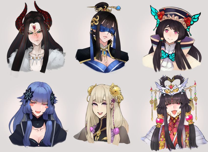 6+girls black_hair blindfold blonde_hair blue_hair dan_fei demon_girl green_eyes hair_ornament headdress headgear highres lie_mei_(thunderbolt_fantasy) long_hair mu_tian_ming multiple_girls red_eyes scathegrapes smile thunderbolt_fantasy xie_yingluo xing_hai zhao_jun_lin