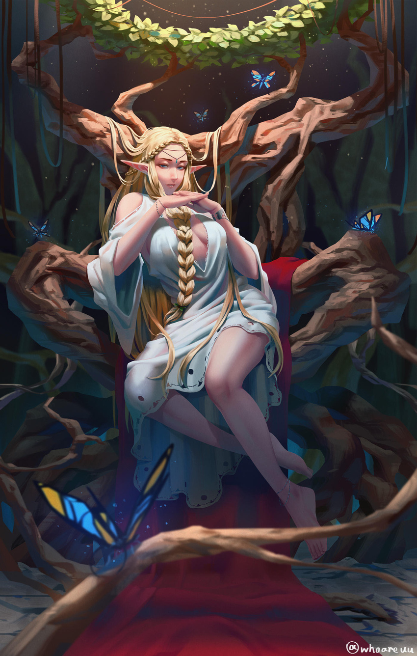 anklet bangs barefoot blonde_hair blue_dress bracelet braid braided_bangs breasts bug butterfly dress elf female full_body hands_together highres in_tree insects jewelry leaf long_hair long_sleeves looking_at_viewer medium_breasts original parted_bangs parted_lips pointy_ears sitting solo tree whoareuu wide_sleeves