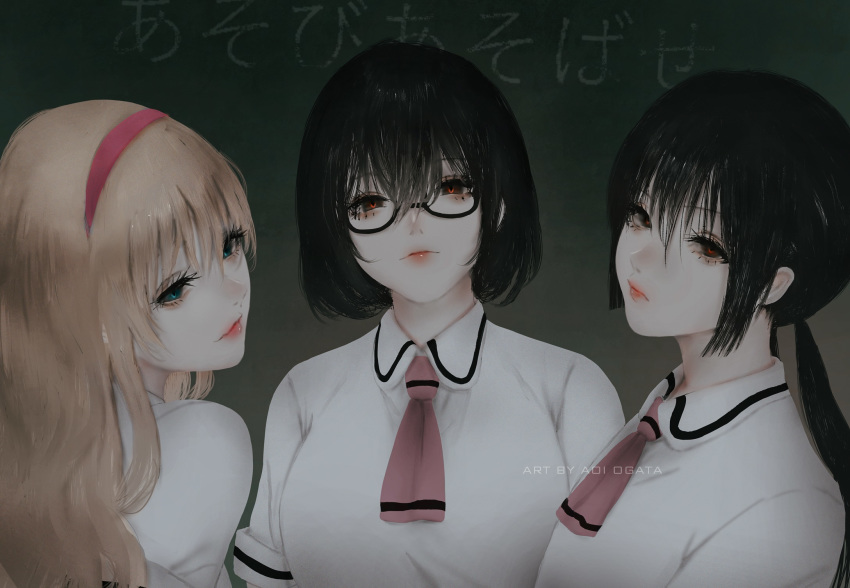 3girls aoi_ogata ascot asobi_asobase black-framed_eyewear black_hair black_sclera blonde_hair blue_eyes collared_shirt colored_sclera commentary english_commentary glasses hair_between_eyes hairband highres honda_hanako long_hair looking_at_viewer low_twintails multiple_girls nomura_kasumi olivia_(asobi_asobase) pink_ascot red_eyes red_hairband semi-rimless_eyewear shirt twintails under-rim_eyewear upper_body white_shirt