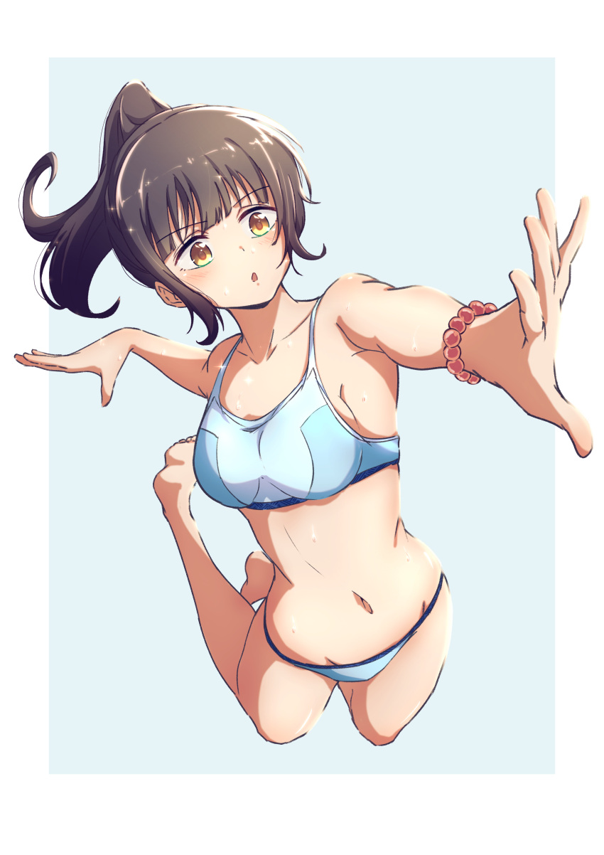 :o absurdres armpits barefoot bikini bikini_bridge blue_bikini blue_sky blush border bracelet breasts brown_eyes brown_hair chestnut_mouth collarbone commentary_request female groin harukana_receive higa_kanata highres jewelry jumping long_hair navel nishizuki_shino open_mouth outside_border outstretched_arms ponytail sidelocks simple_background sky small_breasts solo sparkling_sweat sweat swimsuit white_border