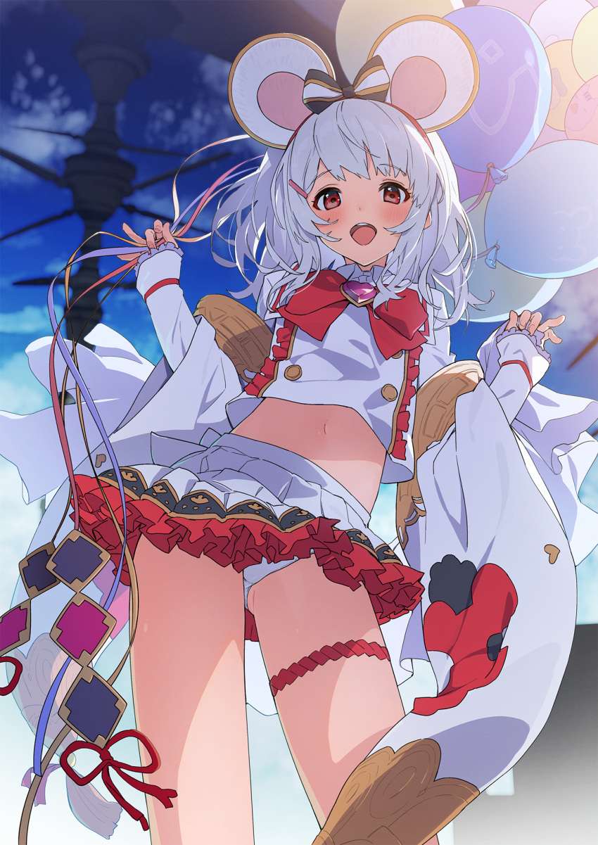 animal_ears balloon blurry blurry_background blush bow bowtie brooch buttons cloud cloudy_sky commentary_request contrapposto cowboy_shot double-breasted fake_animal_ears female flat_chest frilled_skirt frills from_below granblue_fantasy hair_ornament hairband hairbow hairclip heart heart_brooch highres holding holding_balloon holding_ribbon jacket jewelry layered_skirt long_sleeves looking_at_viewer mast medium_hair midriff_peek miniskirt mouse_ears navel open_mouth panties pantyshot patterned_clothing red_bow red_bowtie red_eyes red_shirt red_skirt ribbon sawayaka_samehada shirt skirt sky smile solo teeth thigh_strap underwear upper_teeth_only upshirt upskirt vikala_(granblue_fantasy) white_hair white_jacket white_panties white_shirt white_skirt wind