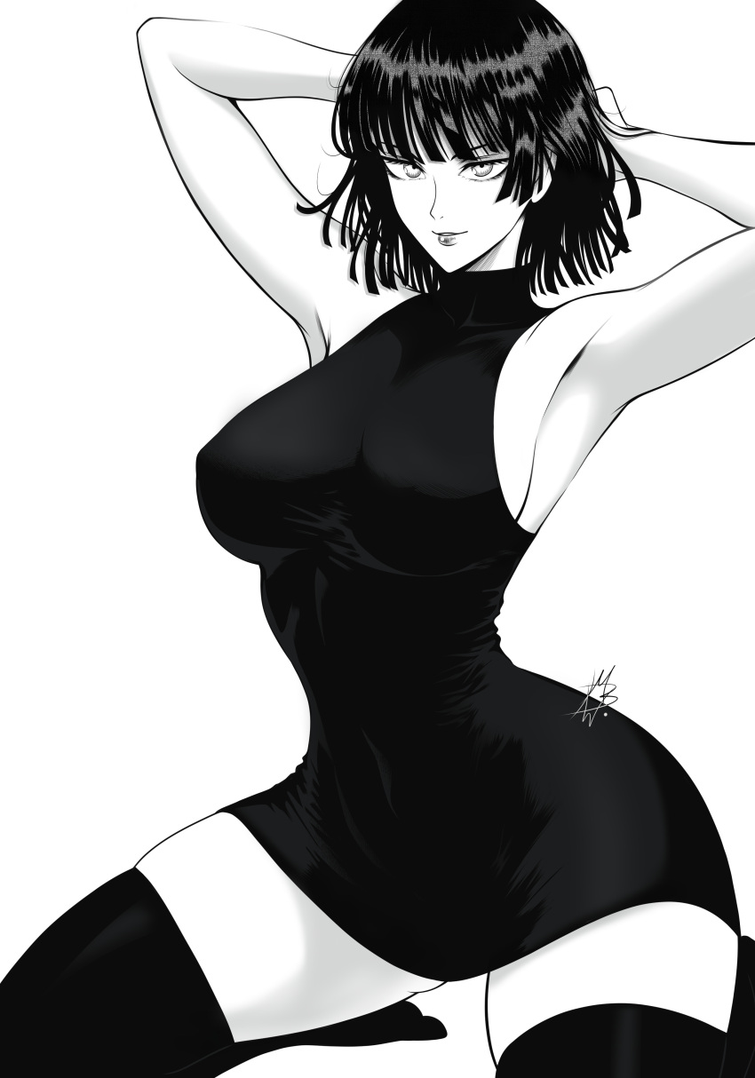 absurdres armpits arms_behind_head arms_up artist_name breasts closed_mouth commentary dress female fubuki_(one-punch_man) greyscale highres kneeling large_breasts lips monochrome mostlybluewyatt one-punch_man short_hair signature simple_background sleeveless sleeveless_dress smile thighhighs thighs turtleneck white_background zettai_ryouiki