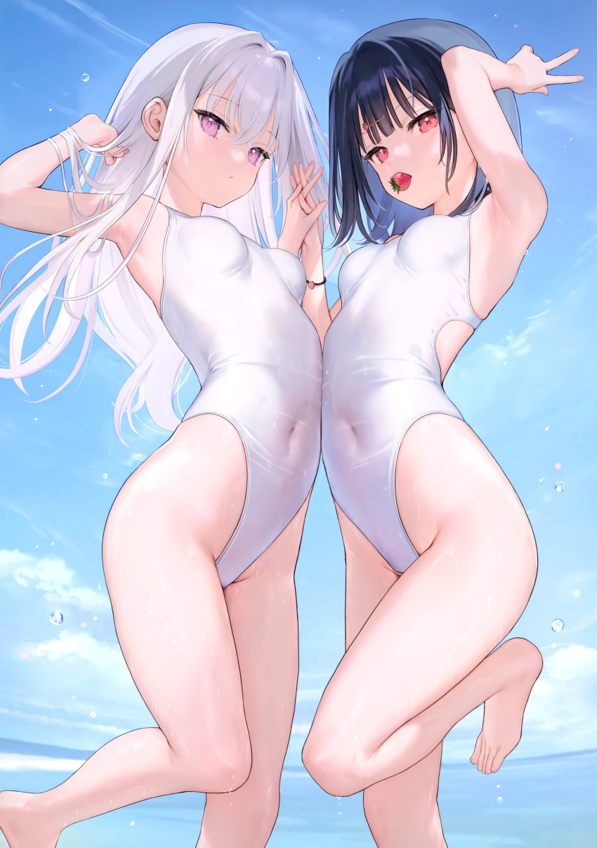 2girls absurdres armpits barefoot black_hair blue_sky blush bracelet breasts closed_mouth cloud cloudy_sky covered_navel day food food-themed_hair_ornament fruit hair_ornament hairclip hands_up highleg highleg_one-piece_swimsuit highres ichigo-chan_(mignon) interlocked_fingers jewelry leg_up long_hair looking_at_viewer mignon mouth_hold multiple_girls ocean one-piece_swimsuit original outdoors purple_eyes red_eyes see-through shiny_skin shiro-chan_(mignon) short_hair sky small_breasts strawberry strawberry_hair_ornament swimsuit toes v water water_drop white_hair white_one-piece_swimsuit