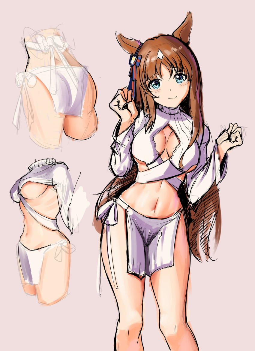 absurdres animal_ears black_thighhighs blue_eyes breasts brown_hair chinese_commentary cleavage cleavage_cutout clenched_hands clothing_cutout commentary_request cowboy_shot crop_top cropped_sweater ear_ribbon evolved_virgin_killer_sweater female grass_wonder_(umamusume) grey_background groin hands_up highres horse_ears horse_girl loincloth long_hair long_sleeves looking_at_viewer medium_breasts meme_attire midriff multicolored_hair multiple_views navel parted_bangs parted_lips pelvic_curtain ribbed_sweater sidelocks simple_background single_thighhigh skindentation smile standing sweater thigh_strap thighhighs turtleneck turtleneck_sweater umamusume white_hair white_sweater xg_epee