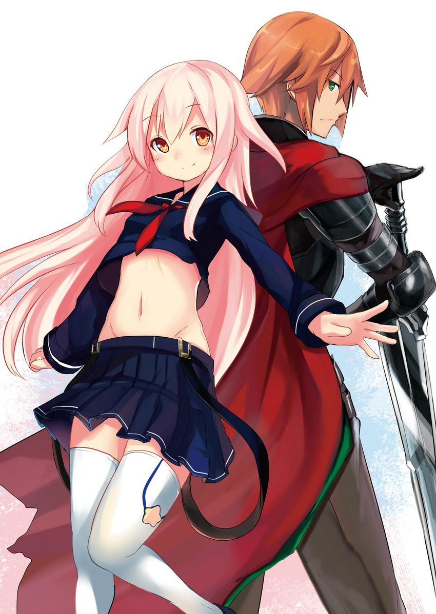 1boy back-to-back blush brown_eyes commentary_request female hero_and_daughter highres lara_(hero_and_daughter) long_hair midriff miniskirt navel official_art pink_hair pleated_skirt ralph_(hero_and_daughter) school_uniform serafuku skirt smile sword thighhighs very_long_hair weapon white_background white_legwear yoshizawa_tsubaki zettai_ryouiki