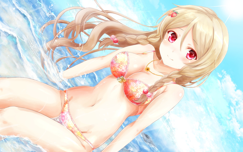 beach bikini blonde_hair braid breasts cleavage commentary_request day dutch_angle female floral_print girlfriend_(kari) hair_ornament highres horizon kohinata_ichigo long_hair looking_at_viewer masa_(mirage77) medium_breasts navel ocean orange_bikini outdoors red_eyes smile swimsuit