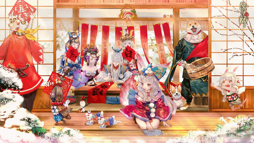 4boys 4girls :d animal animal_head armor banner bare_shoulders barefoot basket black_hair blunt_bangs branch breasts calligraphy_brush canine cat_mask chinese_commentary cleavage closed_eyes closed_mouth clothed_animal commentary_request copyright_name creature daruma_doll enma_(onmyoji) fingernails grey_hair hahakigami_(onmyoji) hangan_(onmyoji) helmet highres holding inugami_(onmyoji) japanese_armor jumping kabuto_(helmet) kamaitachi_(onmyoji) kurodouji lolicon long_hair long_sleeves looking_at_viewer mask medium_breasts multiple_boys multiple_girls nail_polish off_shoulder oitsukigami onmyoji onmyouji open_mouth paintbrush pale_skin ponytail rabbit red_eyes round_teeth say_hana seiza shiba_inu shirodouji sitting smile snow tassel teeth unworn_mask water white_hair wide-eyed wide_sleeves wiping writing yama_usagi_(onmyoji)