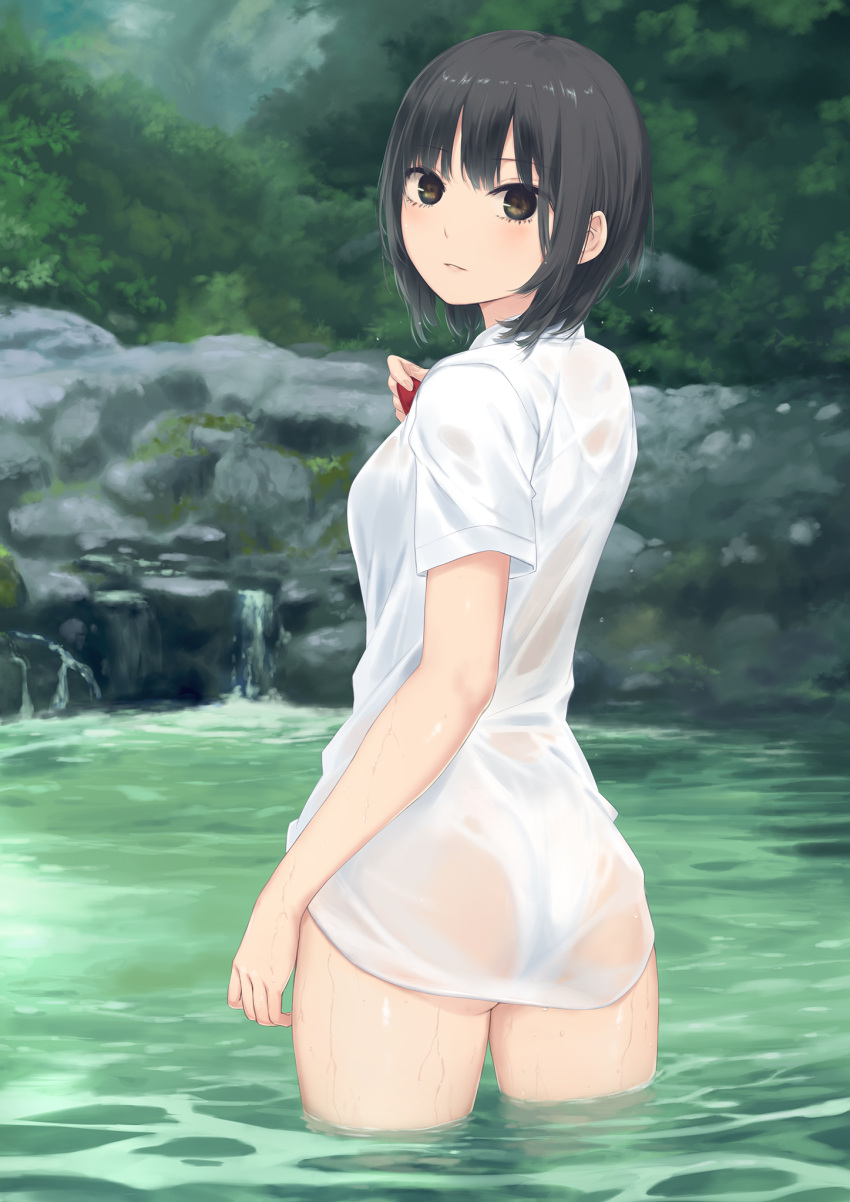 aoyama_sumika ass black_hair blurry blurry_background breasts brown_eyes coffee-kizoku commentary cowboy_shot day female highres light_blush looking_at_viewer looking_back medium_breasts no_pants original outdoors panties parted_lips river see-through see-through_shirt shirt short_hair short_sleeves solo standing teeth tree underwear wading water wet wet_clothes wet_shirt white_panties white_shirt