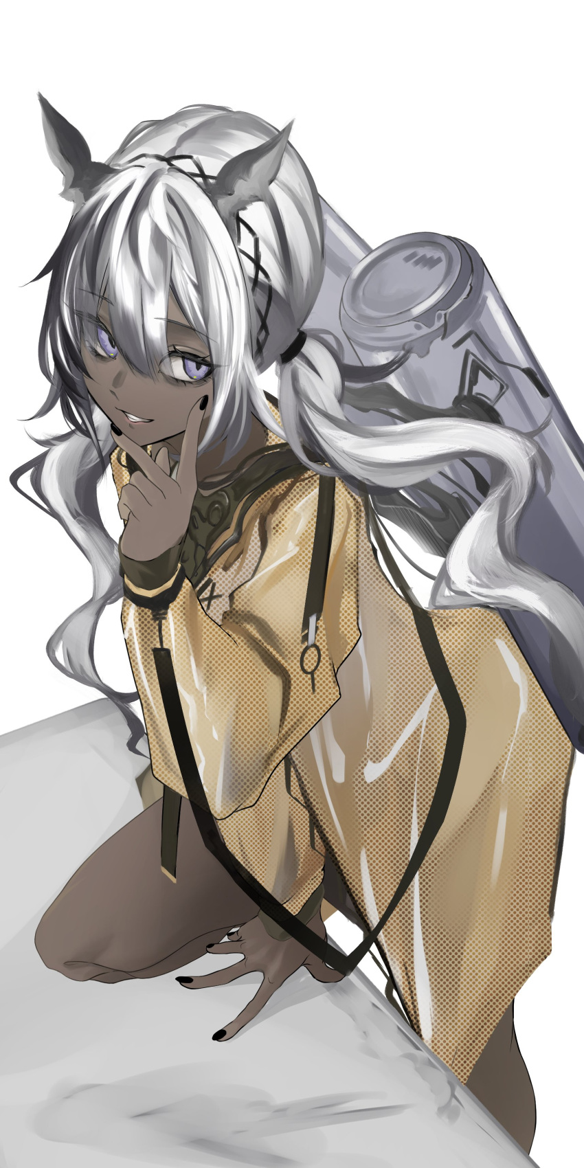 absurdres animal_ears arknights black_nails camel_ears commentary_request dark-skinned_female dark_skin female hair_between_eyes highres jacket knee_up long_hair long_sleeves looking_at_viewer parted_lips purple_eyes simple_background solo tadachi_yu tuye_(arknights) very_long_hair white_background white_hair yellow_jacket