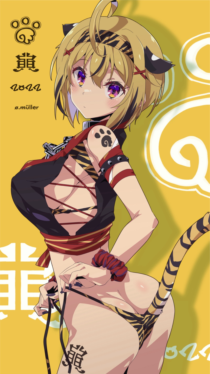 2022 ahoge anal_tail animal_ears animal_print ass bikini black_nails blonde_hair breasts chinese_zodiac closed_mouth drop_shadow fake_tail female hair_ornament hairband hairclip highres ibuki_tsubasa idolmaster idolmaster_million_live! looking_at_viewer looking_back nail_polish new_year oomura_karasu purple_eyes scrunchie short_hair side-tie_bikini_bottom solo swimsuit tail tiger_print wrist_scrunchie x_hair_ornament year_of_the_tiger