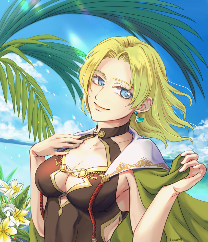 absurdres blonde_hair blue_eyes breasts brown_one-piece_swimsuit cape cleavage commission earrings female fire_emblem fire_emblem:_the_sacred_stones fire_emblem_heroes green_cape highres jewelry medium_breasts ocean official_alternate_costume one-piece_swimsuit outdoors palm_tree pixiv_commission selena_(fire_emblem:_the_sacred_stones) selena_(summer)_(fire_emblem:_the_sacred_stones) short_hair smile solo swimsuit tree upper_body ursla99