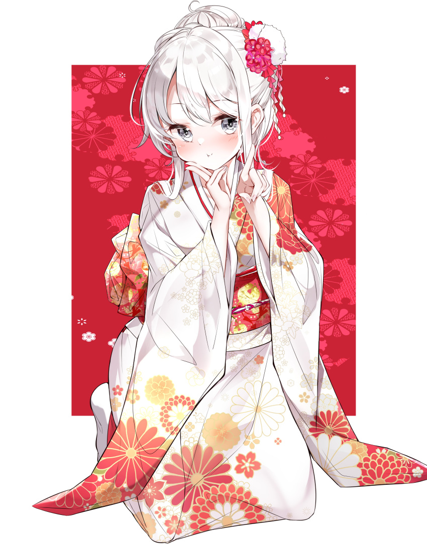 absurdres blush closed_mouth commentary_request female floral_background floral_print flower full_body furisode grey_eyes hair_bun hair_flower hair_ornament hamaken._(novelize) hands_up highres japanese_clothes kanoko_(pattern) kikumon kimono kojitsunagi_(pattern) long_sleeves looking_at_viewer obi orange_hair original pointing pointing_up pout print_kimono red_background red_flower sakuramon sash sidelocks single_hair_bun solo v white_background white_kimono wide_sleeves