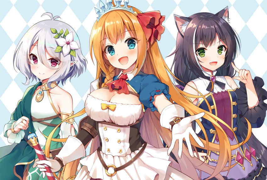 animal_ears aqua_eyes blush braids breasts catgirl cleavage dress flat_chest gloves gray_hair green_eyes headdress karyl kokkoro long_hair mauve oerba_yun_fang orange_hair pecorine pointed_ears princess_connect! purple_eyes purple_hair short_hair skirt staff twintails waifu2x