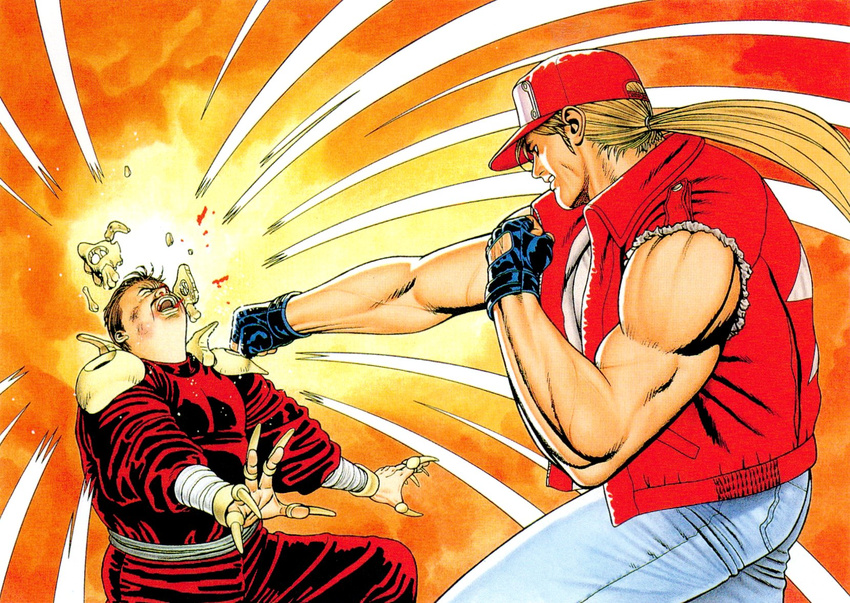 90s alternate_costume battle blonde_hair cap cheng_sinzan claws denim fat fat_man fatal_fury fight fighting fingerless_gloves gloves highres hurt illustration injury jacket jeans mori_toshiaki muscle neo_geo official_art pants punch punching snk terry_bogard