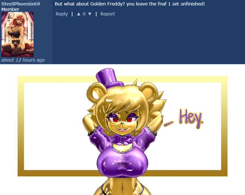 2022 3d_(artwork) alpha_channel anthro bear big_breasts black_clothing black_thong black_underwear bow_tie breasts clothing dialogue digital_media_(artwork) english_text female five_nights_at_freddy's fredbear_(fnaf) fredina's_nightclub golden_freddy_(fnaf) golden_fredina_(cally3d) hands_behind_head hat headgear headwear hi_res mammal open_mouth purple_clothing purple_hat purple_headwear purple_shirt purple_topwear red_eyes rule_63 scottgames sheeple3d shirt smile solo text thong topwear underwear wide_hips