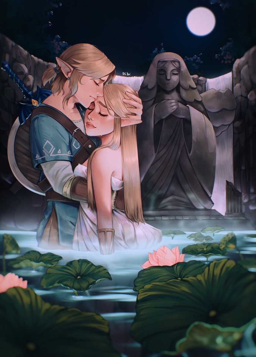 1boy absurdres blonde_hair blue_shirt cliff closed_eyes dress earrings female flower highres hug hylia jewelry link long_hair master_sword mimi-maru moon pink_flower pointy_ears pond princess_zelda shield shirt sky statue sword tears the_legend_of_zelda the_legend_of_zelda:_breath_of_the_wild water waterfall weapon white_dress