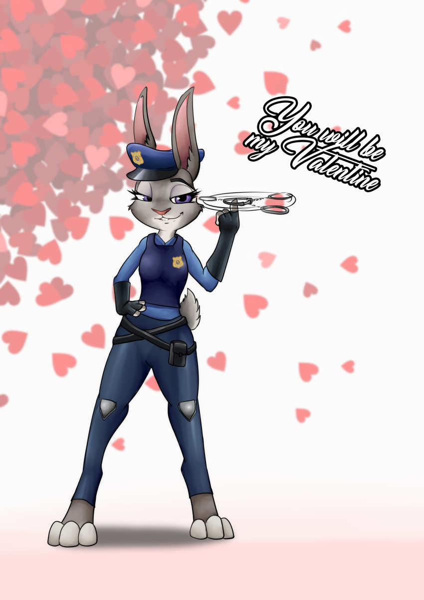 2019 absurd_res anthro biped clothed clothing disney female fully_clothed fur grey_body grey_fur hi_res holidays judy_hopps lagomorph leporid looking_at_viewer mammal police police_uniform rabbit shamziwhite smile solo standing text uniform valentine's_day zootopia