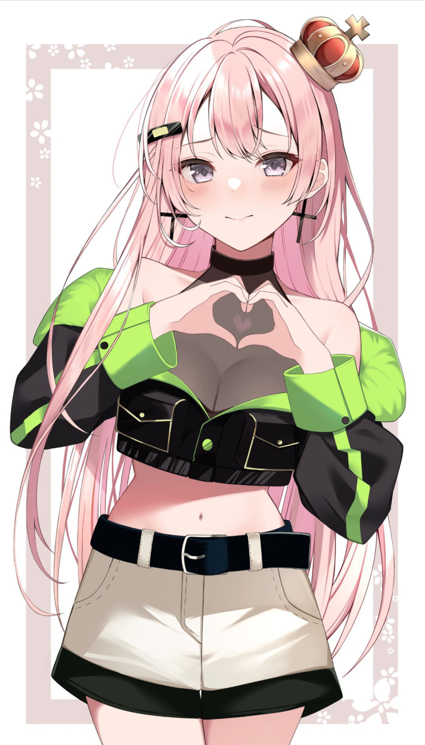 bad_id bad_pixiv_id bare_shoulders belt black_belt black_jacket blush breasts cleavage closed_mouth commentary_request cowboy_shot cropped_jacket cross cross_earrings crown earrings female grey_eyes hair_ornament hairclip heart heart_hands highres indie_virtual_youtuber jacket jewelry long_hair long_sleeves looking_at_viewer midriff mini_crown mochizuki_mona navel off_shoulder pink_hair rei_(rei_9146) see-through shorts smile solo standing tilted_headwear very_long_hair virtual_youtuber white_shorts