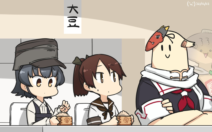 2girls 2others arare_(kancolle) arare_kai_ni_(kancolle) beans black_hair box brown_eyes brown_hair brown_neckerchief brown_sailor_collar character_request commentary_request dated dress hamu_koutarou hat highres kantai_collection kikkoman long_sleeves masu multiple_girls multiple_others neckerchief one-hour_drawing_challenge pinafore_dress ponytail sailor_collar school_uniform serafuku shikinami_(kancolle) shirt short_hair sleeveless sleeveless_dress table the_yuudachi-like_creature translated upper_body white_shirt yuudachi_(kancolle) yuudachi_kai_ni_(kancolle)