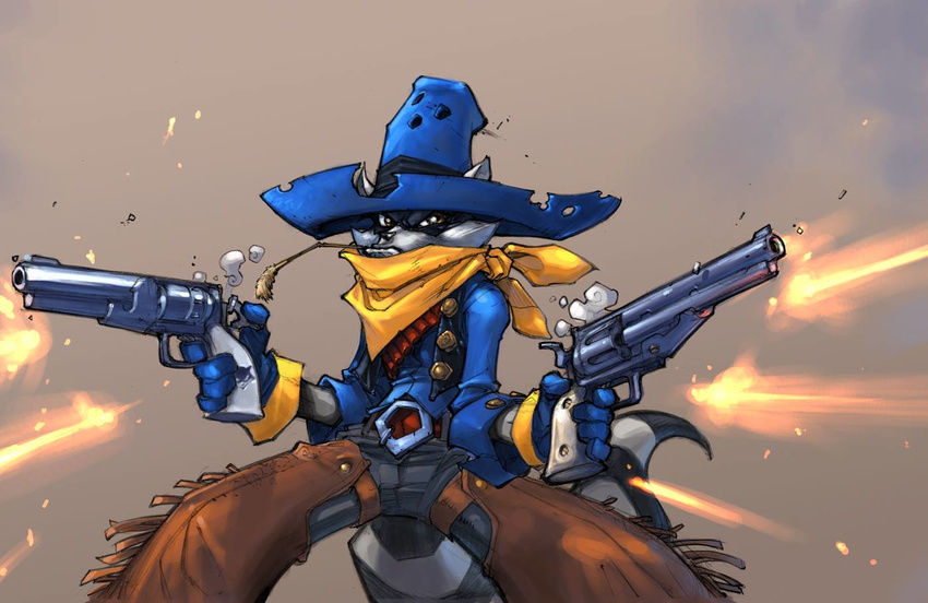 anthro brown_eyes chewing chewing_grass clothed clothing cowboy gun handgun joe_madureira male mammal object_in_mouth procyonid raccoon ranged_weapon revolver shooting sly_cooper sly_cooper_(series) solo sony_corporation sony_interactive_entertainment sucker_punch_productions weapon western wheat