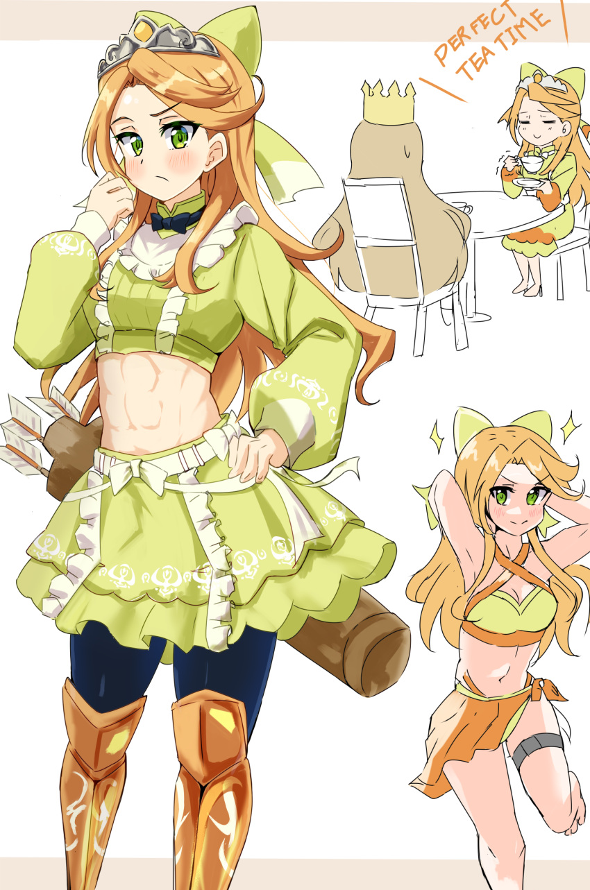 2girls abs armor armpits arms_up arrow_(projectile) bikini black_pants bow brown_hair celine_(fire_emblem) chair commentary_request crop_top crown ereka etie_(fire_emblem) fire_emblem fire_emblem_engage greaves green_bikini green_bow green_eyes green_shirt green_skirt hairbow highres leggings long_hair long_sleeves looking_at_viewer midriff miniskirt multiple_girls multiple_views navel orange_hair pants quiver sarong shirt skirt skirt_set stomach swimsuit table thigh_strap very_long_hair white_background