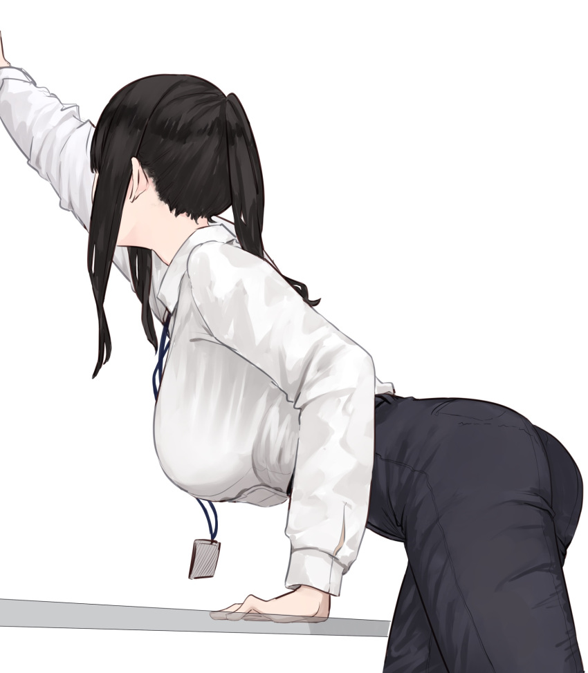 arm_support arm_up ass black_hair black_pants breasts female highres id_card large_breasts leaning_forward long_hair long_sleeves office_lady original outstretched_arm pants ponytail reaching rucchiifu shirt sidelocks simple_background solo table white_background white_shirt