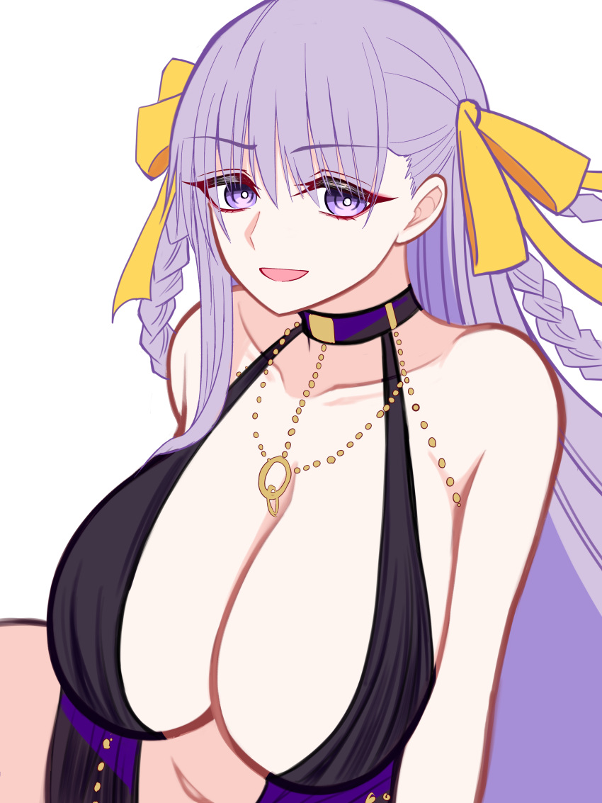 absurdres bare_shoulders bb_dubai_(fate) black_dress braid braided_hair_rings breasts center_opening cleavage dress fate/grand_order fate_(series) female hair_ribbon highres jewelry kazuradrop_(fate) large_breasts long_hair looking_at_viewer mcpc_zamurai necklace open_mouth purple_eyes purple_hair ribbon smile solo twin_braids very_long_hair yellow_ribbon