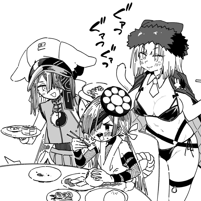 3girls absurdres animal_ears arm_strap bare_shoulders bikini body_markings breasts cat_ears cat_girl cat_tail cleavage crop_top detached_collar dobrynya_nikitich_(fate) eating eyepatch fate/grand_order fate_(series) fishnets food fur-trimmed_headwear fur_trim hair_ornament hair_over_one_eye hat highres jacket jacket_on_shoulders japanese_clothes kimono large_breasts long_hair miniskirt mochizuki_chiyome_(fate) monochrome multiple_girls navel necktie open_mouth plate rope shirt short_hair skirt sleeveless sleeveless_kimono sleeveless_shirt small_breasts swimsuit table tail translation_request waira xu_fu_(fate) xu_fu_(swimsuit_avenger)_(fate) xu_fu_(swimsuit_avenger)_(first_ascension)_(fate) yin_yang yin_yang_print